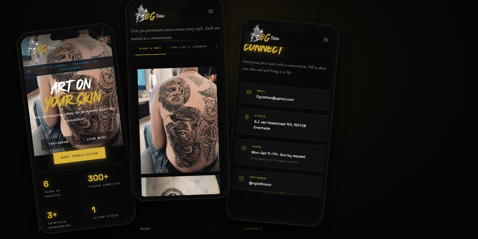 OG Tattoo mobile design across Home, Work, and Contact pages